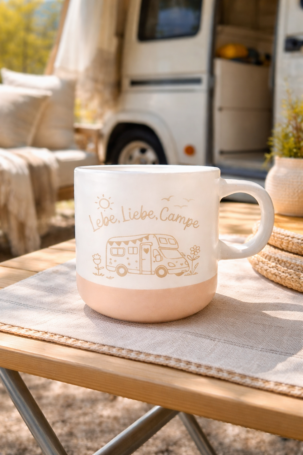 "Lebe, Liebe, Campe" Handgetöpferte Tasse Wohnmobil
