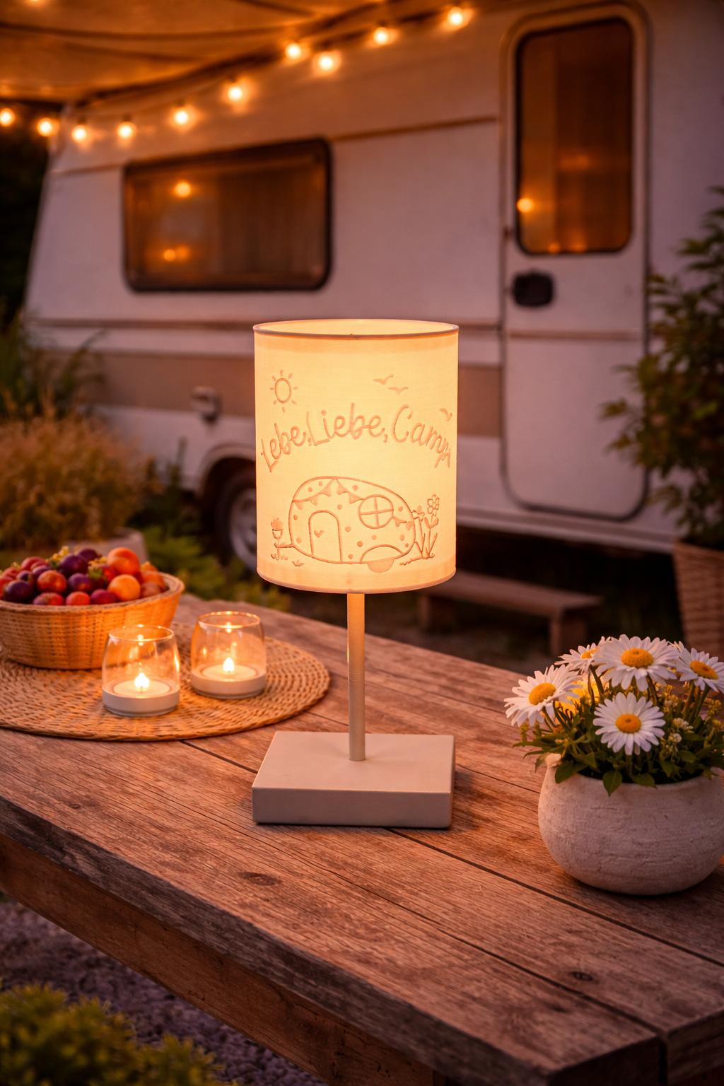 3D-Druckdatei - Windlicht - Lebe Liebe Campe Wohnwagen - STL + 3MF - Deko Solarlampe - Garten - LED-Licht