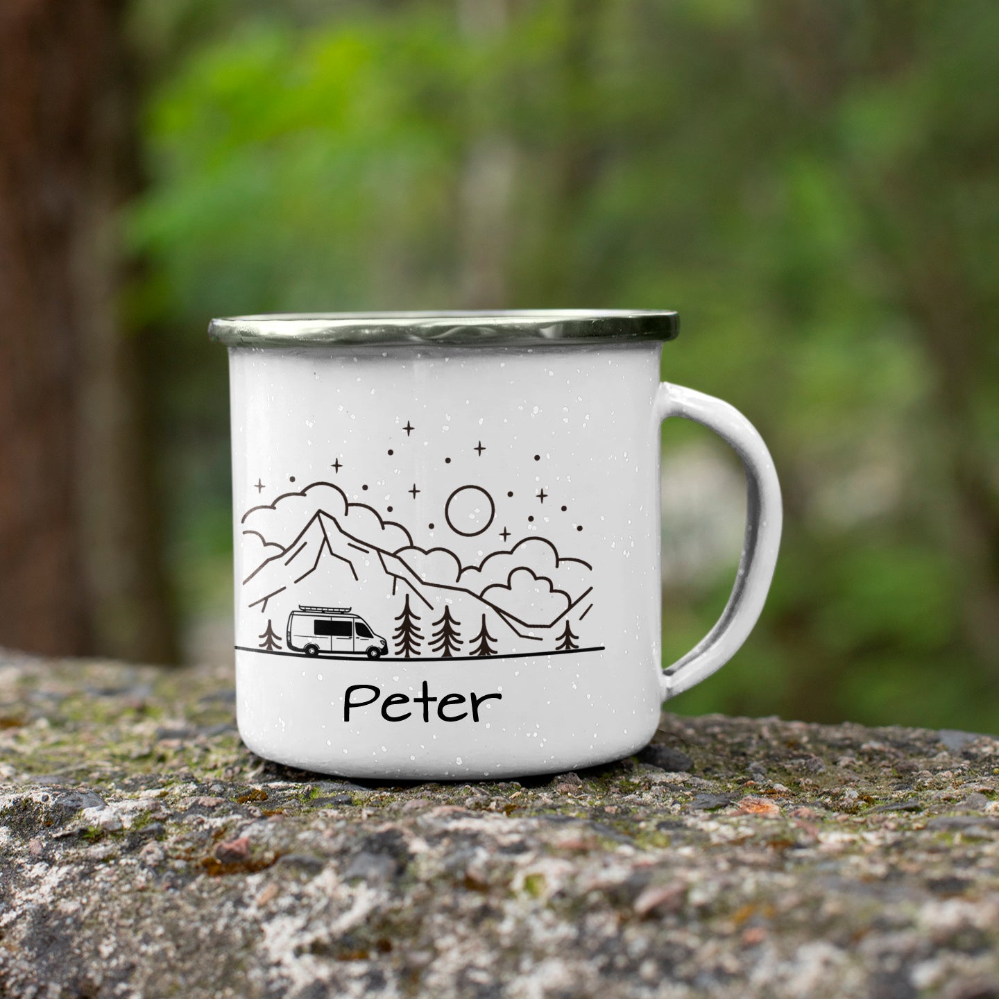 "Van" personalisiert Emailletasse für Vanlife & Camping