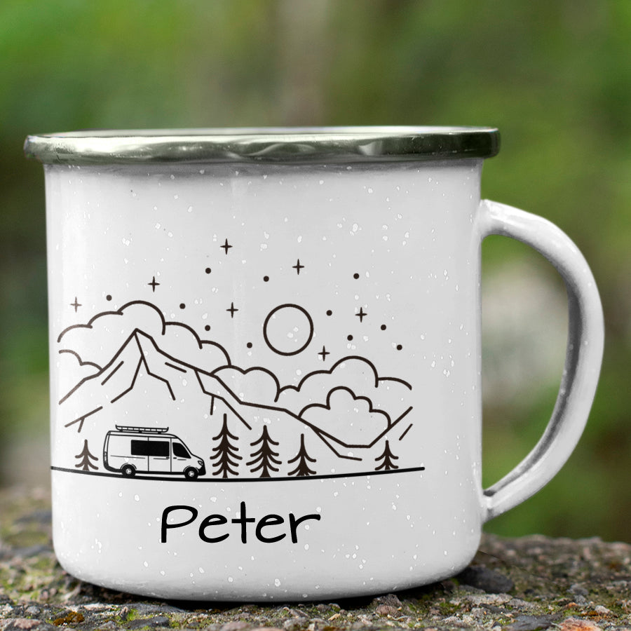 "Van" personalisiert Emailletasse für Vanlife & Camping