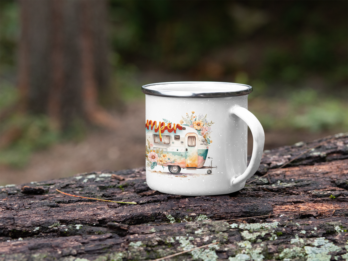 "Happy Camper" personalisiert Emailletasse