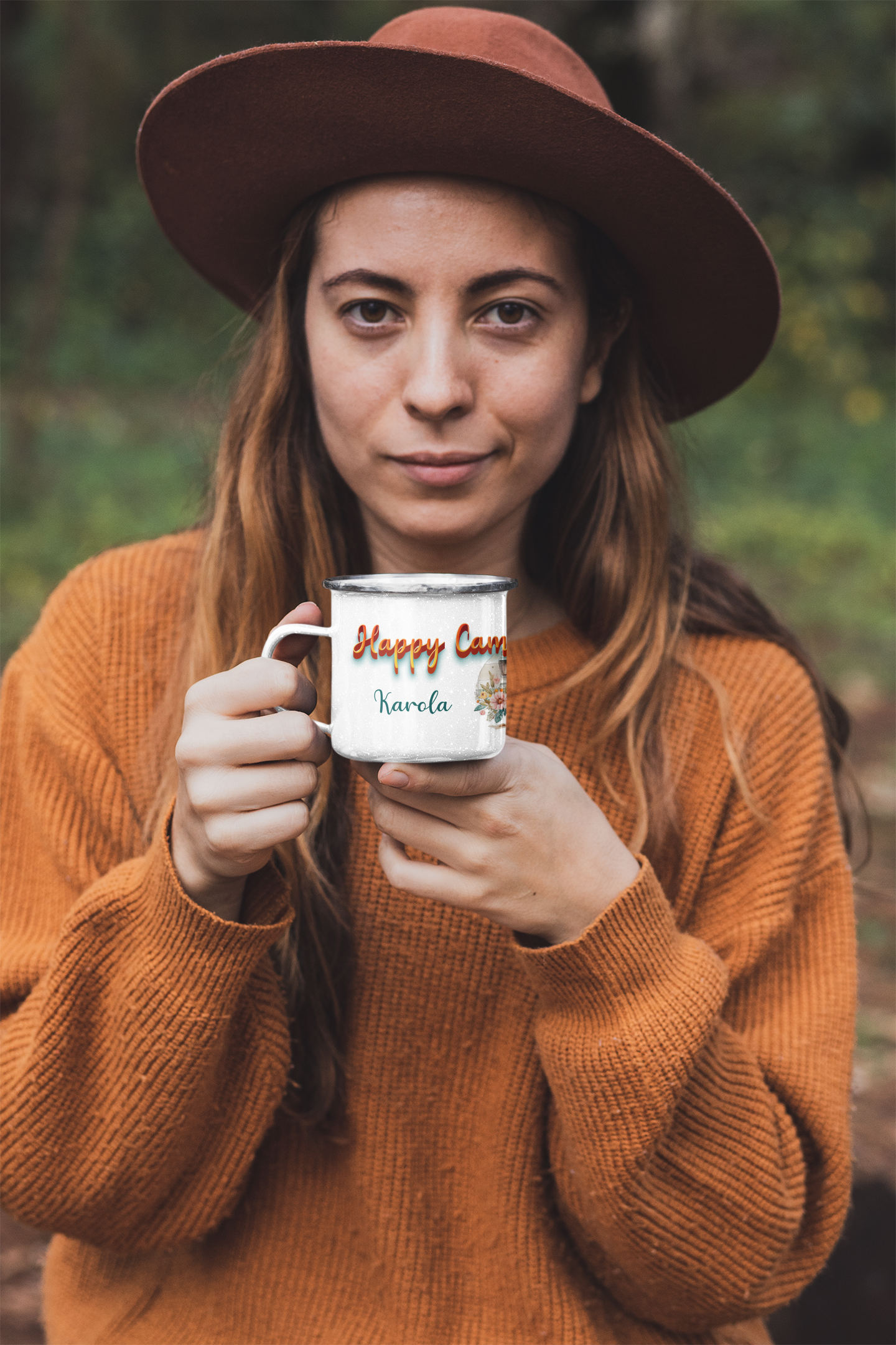 "Happy Camper" personalisiert Emailletasse