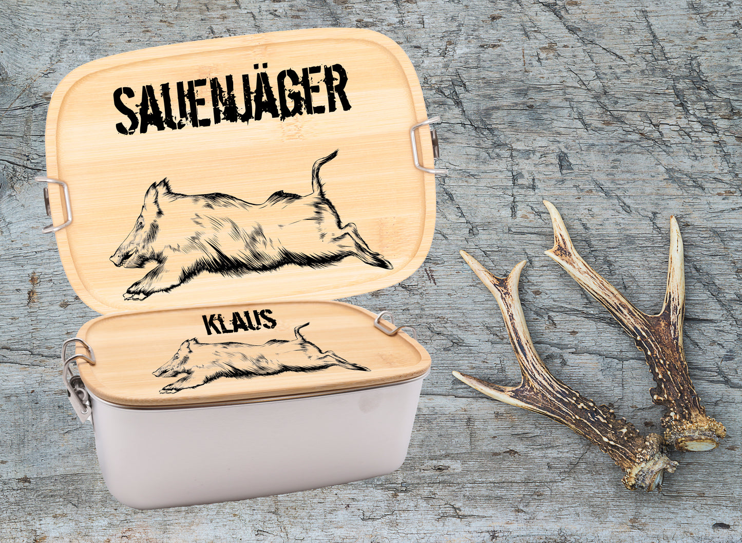 Die Brotdose mit "Sauenjäger und Wildschwein Gravur" für Jäger