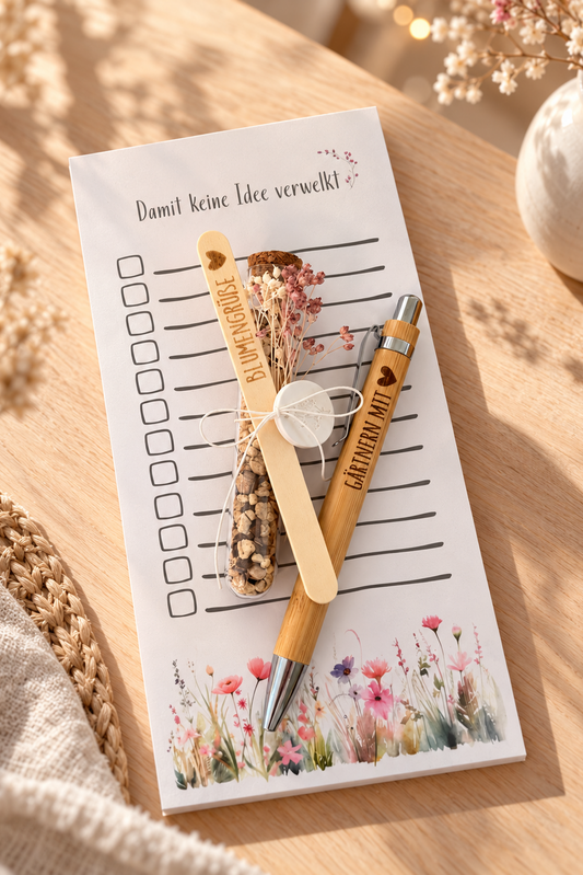 Geschenkset für Gärtnerinnen – Blumenblock, gravierter Bambuskuli & Blumensamen