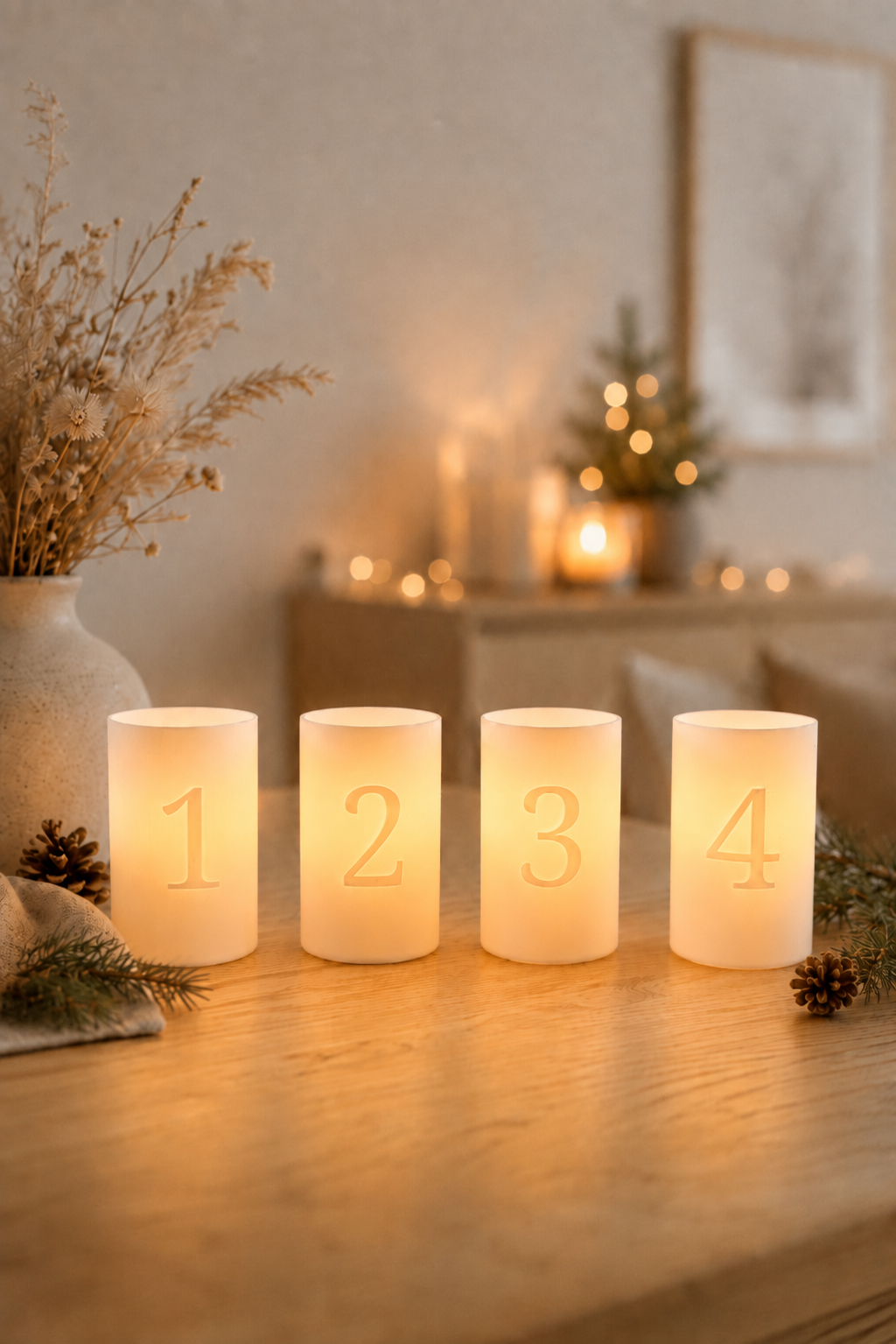 Windlichter - Adventskranz - Zahlen - Deko - Beleuchtung