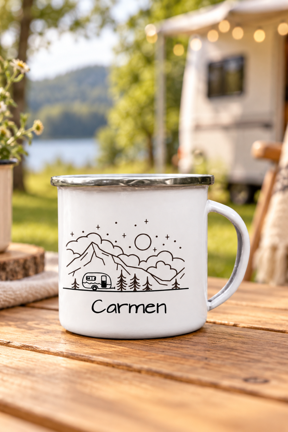 "Wohnwagen sonne" personalisiert  Emailletasse