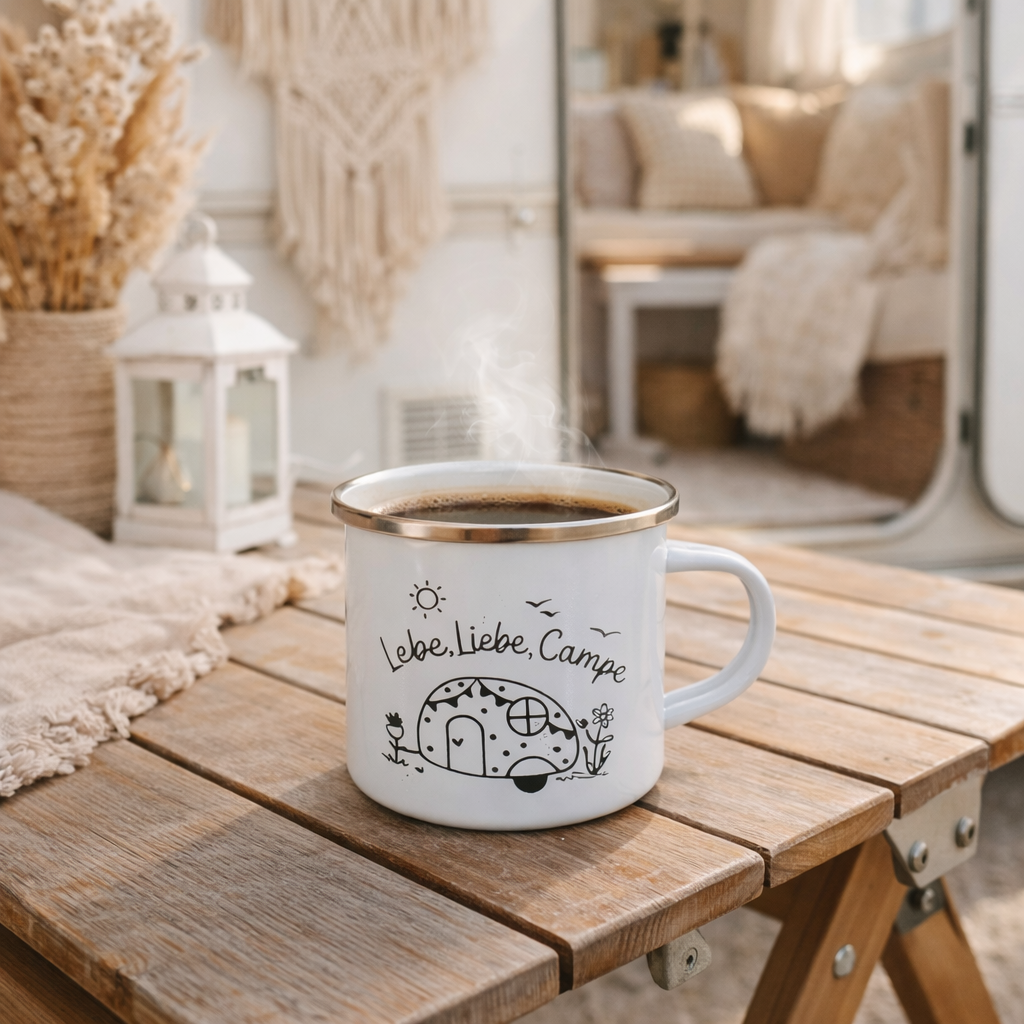 Emaille Tasse Camping – Lebe Liebe Campe – Camper Tasse – Vanlife Becher – Outdoor Kaffee Tasse – Geschenk für Camper – Camping Geschirr