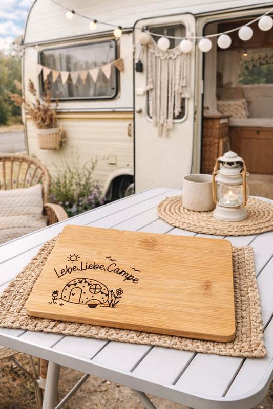 Frühstücksbrettchen Camping Wohnwagen personalisiert aus Bambus
