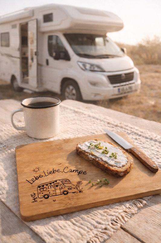 Frühstücksbrettchen Camping Wohnmobil Lebe, Liebe, Campe personalisiert aus Bambus