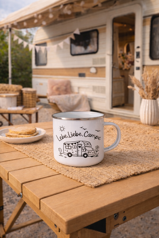 Emaille Tasse Camping – Lebe Liebe Campe – Camper Tasse – Vanlife Becher – Outdoor Kaffee Tasse – Geschenk für Camper – Camping Geschirr