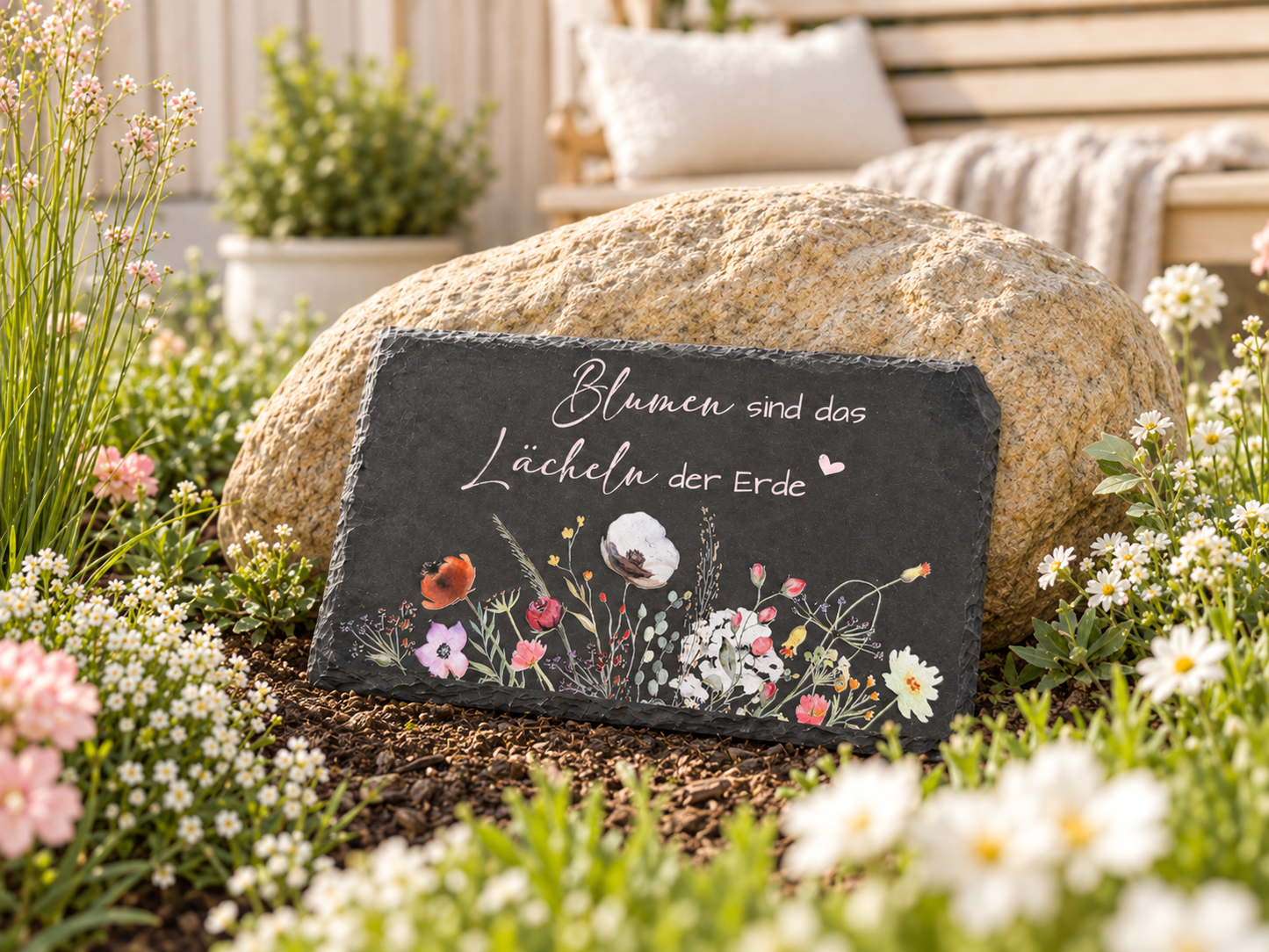 Schiefertafel - Blumen - Motiv und Spruch