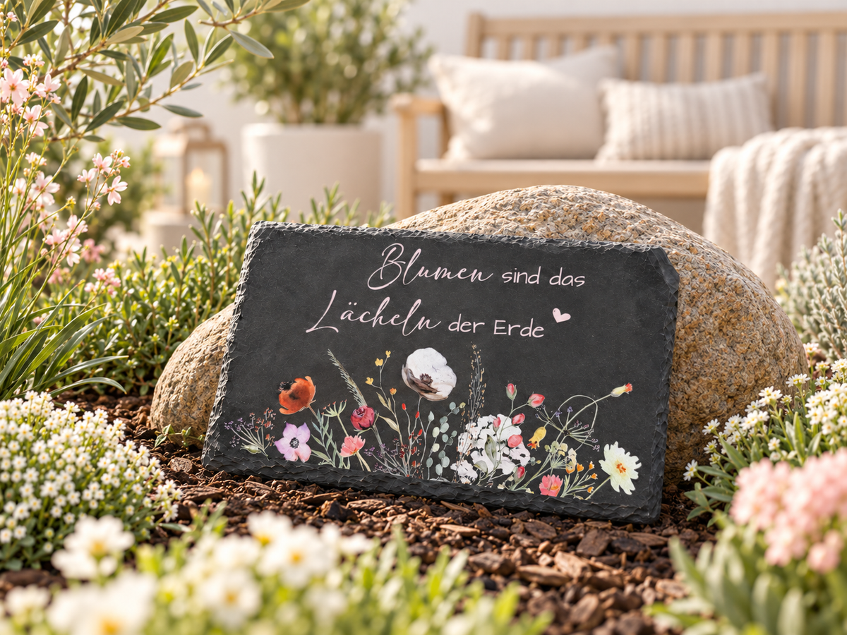 Schiefertafel - Blumen - Motiv und Spruch