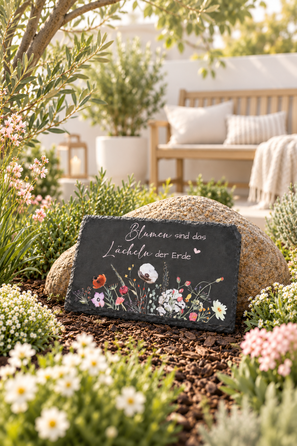 Schiefertafel - Blumen - Motiv und Spruch