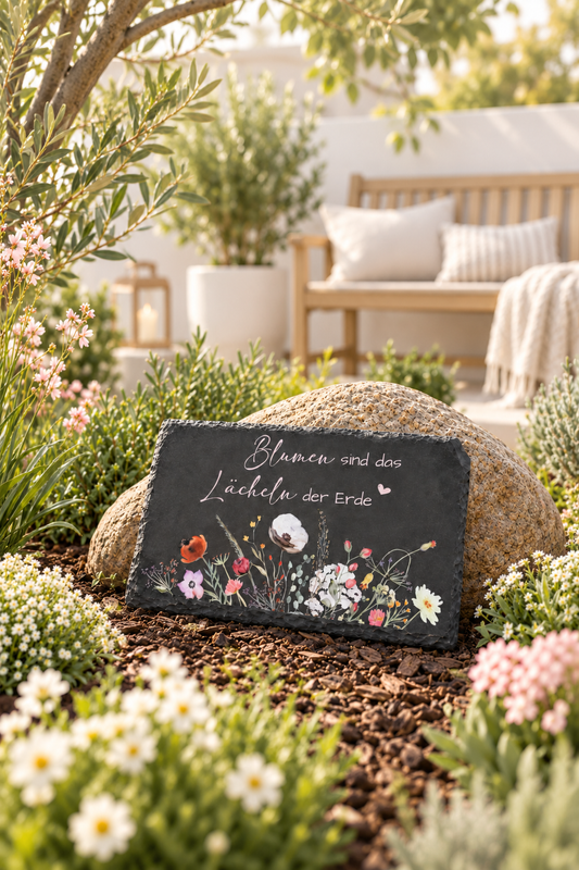 Schiefertafel - Blumen - Motiv und Spruch