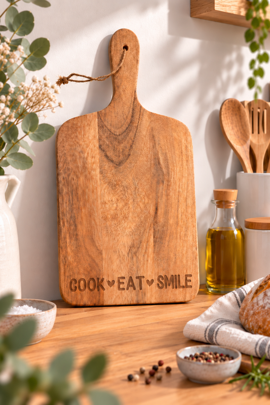 Mangoholzbrett "cook eat smile"