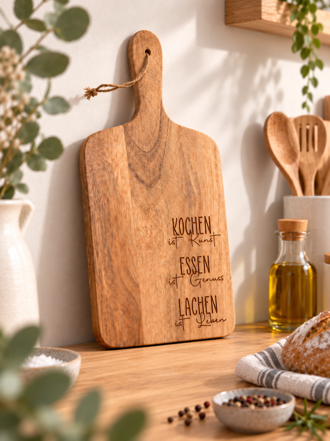 Mangoholzbrett "Kochen Essen Lachen"