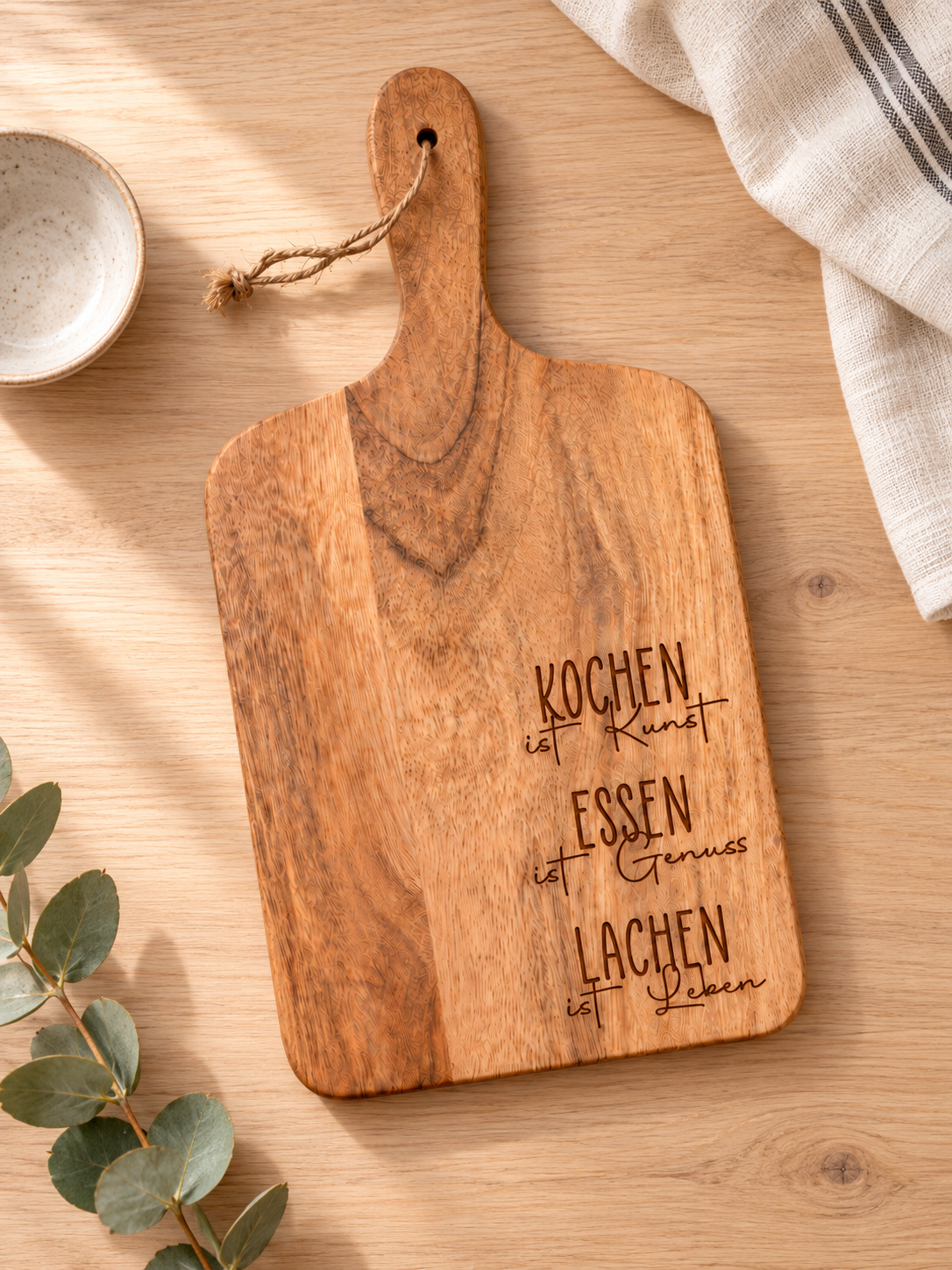 Mangoholzbrett "Kochen Essen Lachen"