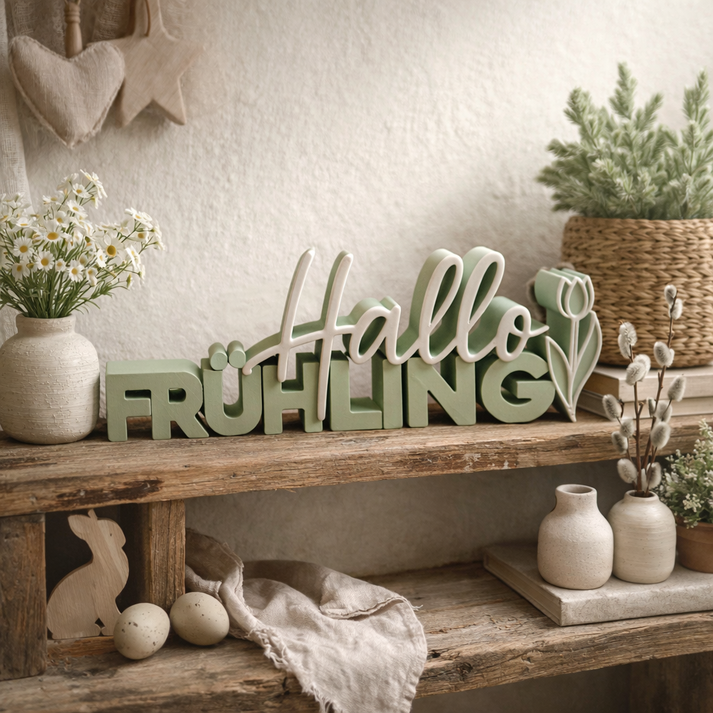 Hallo Frühling mit Tulpe Deko Schriftzug in 3D