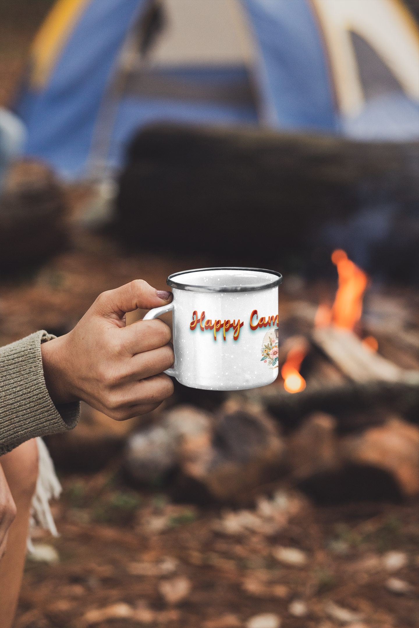 "Happy Camper" personalisiert  Emailletasse